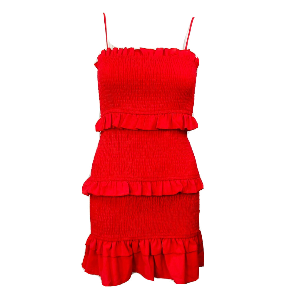 Hello Molly Dress Womens Sz M Red Bodycon Smocked Ruffle Tiered Sleeveless Mini